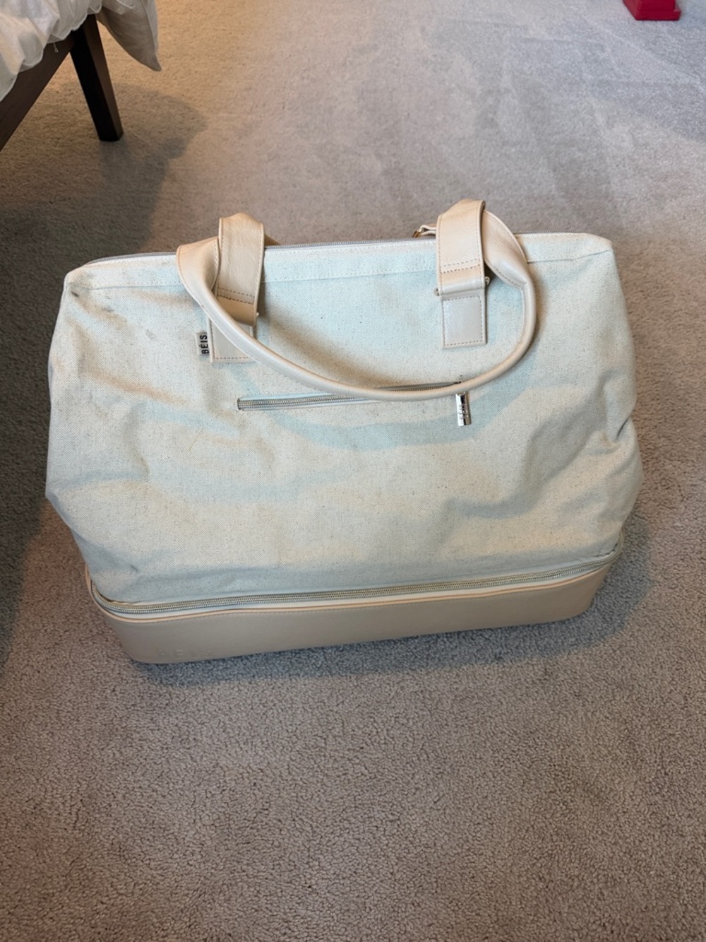 BEIS Cream and Beige Weekender Bag